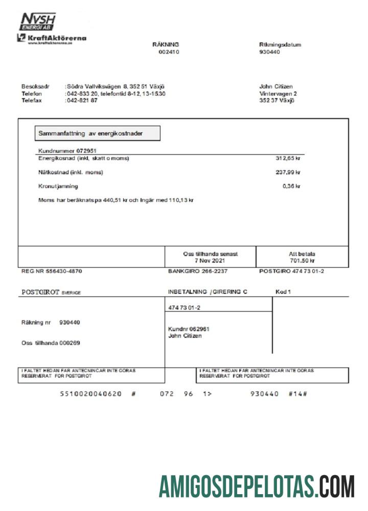 Em branco modelo de conta de serviços públicos NVSH Energi da Suécia em formato Word e PDF